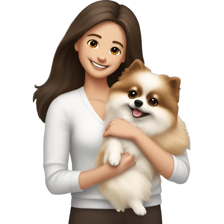 White and beige Pomeranian in the hands of a white young woman with dark brown hair smiling and cuddling the dog  emoji
