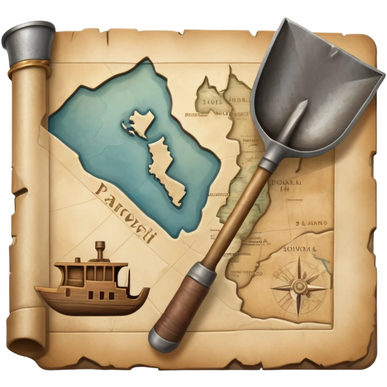An icon showing a close-up of a shovel, an ancient vessel, and a weathered map, symbolizing archaeology. The design highlights the tools of discovery and the excitement of unearthing historical artifacts. Transparent background emphasizes the focus on the objects. emoji