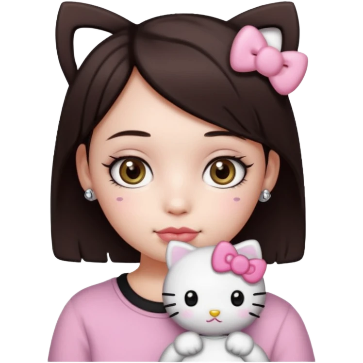 Chica con pelo corto y castaño oscuro, piel blanca, ojos hazel y pestañas largas, un piercing septum redondo pequeño y un filtro de hello kitty emoji