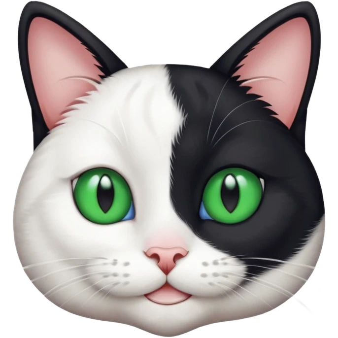black and white cat with one blue eye and one green eye, tricky smile emoji