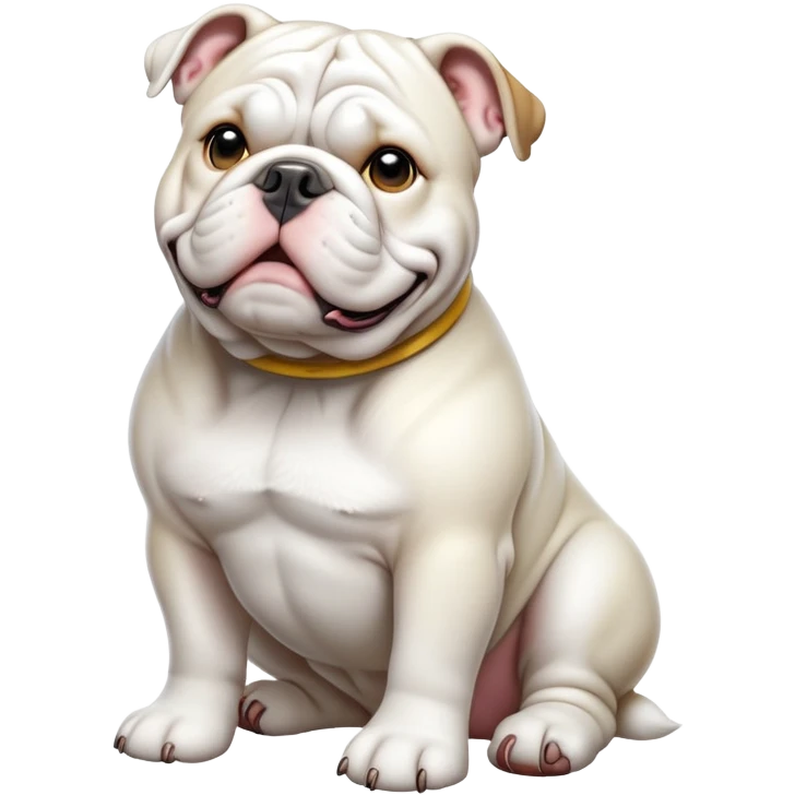 cinematic-[solid white english bulldog]-realistic-full-body-sitting-emoji,-tail-resting-loosely-beside-its-paws,-head-tilted-dramatically,-sleek-[solid white]-fur,-simplified-yet-realistic-focused-features,-highly-detailed,-glowing-with-an-almost-sarcastic-glow emoji