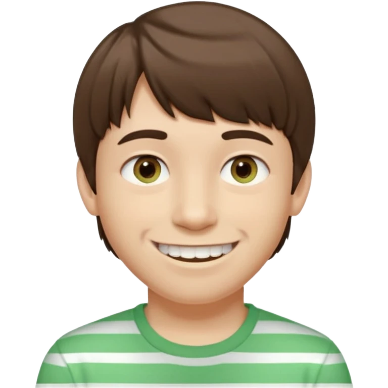 The guy has short, straight brown hair with bangs slightly forward. His complexion is fair. He has light- brown eyes. His face shape appears oval. He is smiling, showing braces on his teeth. The ears are slightly prominent.  He is wearing a light green tshirt with subtle stripes emoji