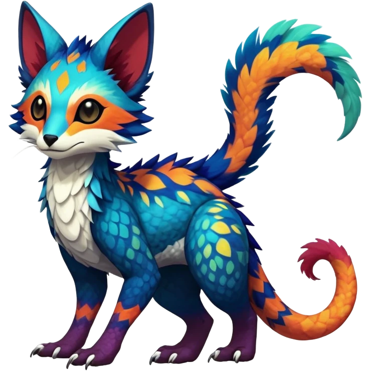 Rare realistic exotic edgy epic pretty beautiful handsome gorgeous aesthetic colorful vibrant Vernid-Trico-species-Fakemon-creature by LiLaiRa, 4 legs, 1 tail, random markings, (full body) emoji