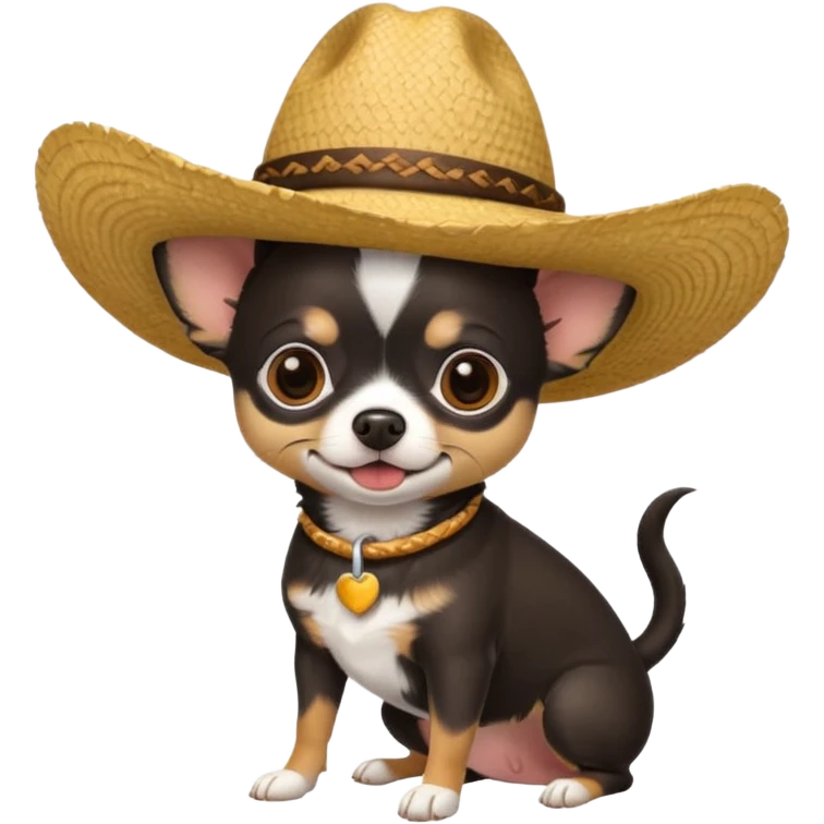 Chihuahua negro con cafe con sombrero de paja emoji