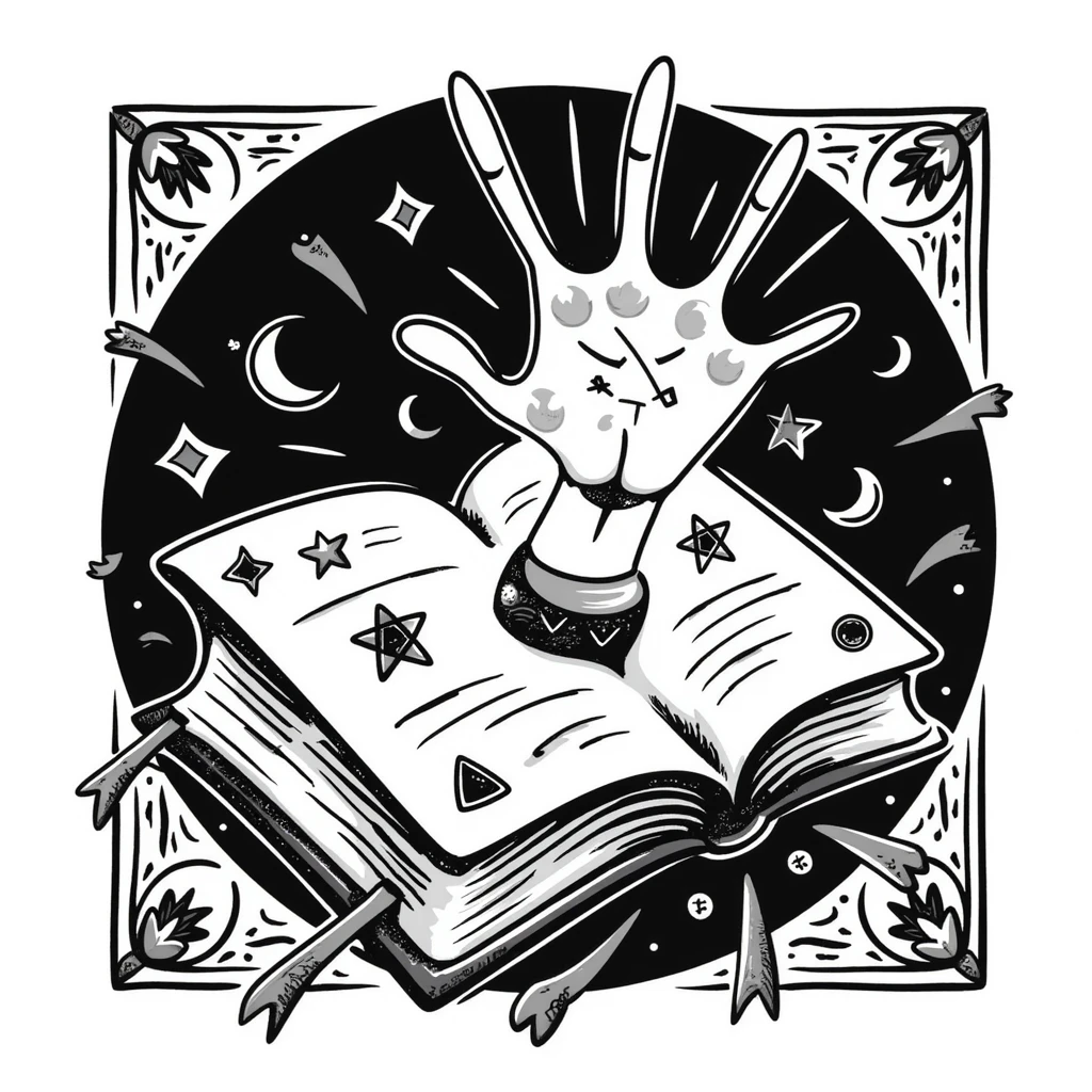 Магическая закрытая книга  — декоративная обложка с таинственными символами, лунами, звёздами и алхимическими знаками. Обложка украшена винтажными завитками,  таинственным сиянием. Книга выглядит древней, излучает мистический свет, лежит на фоне магических узоров и рунических орнаментов. emoji