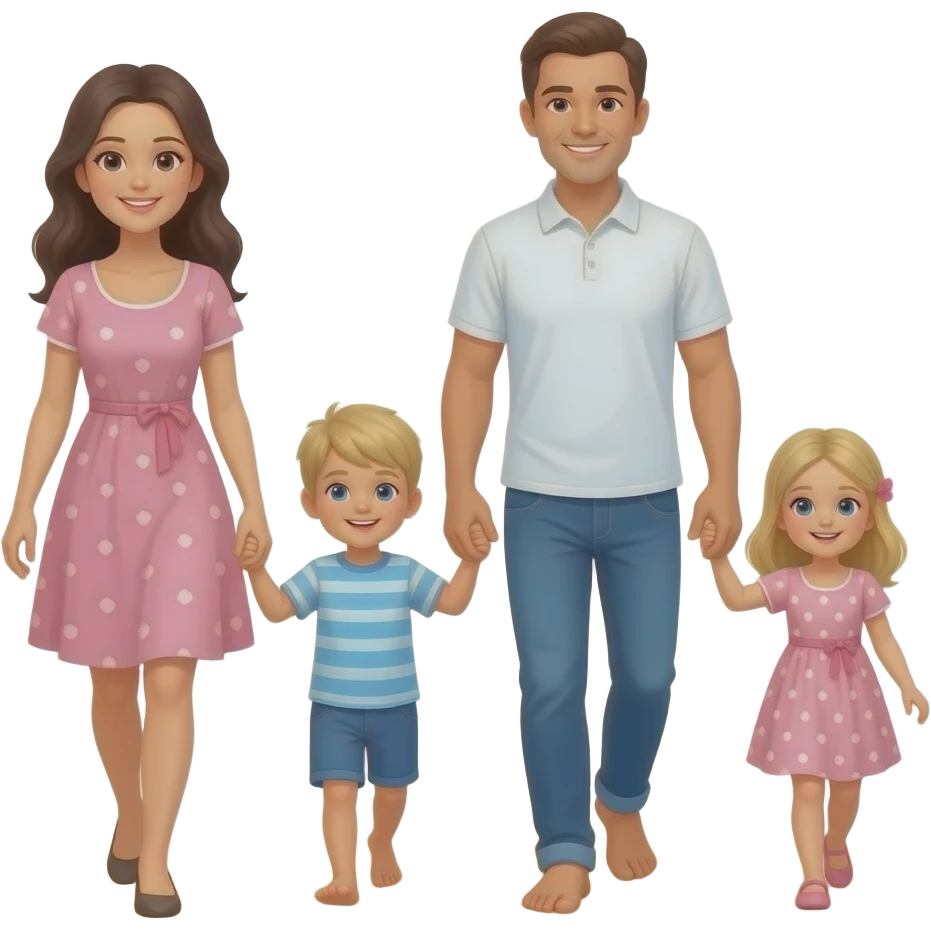 Family of 4 dark haired mom and dad  blond haired 5 year old boy and blond haired 3 year old girl walking on the beach emoji