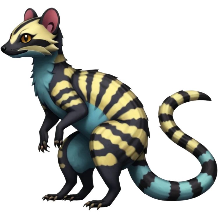Rare warm-colored exotic edgy epic aesthetic gloomy spooky dark modern colorful cyber-Genet-Trico-Salandit-Civet-species-Fakemon-hybrid-creature, with beautiful intricate markings, full body emoji