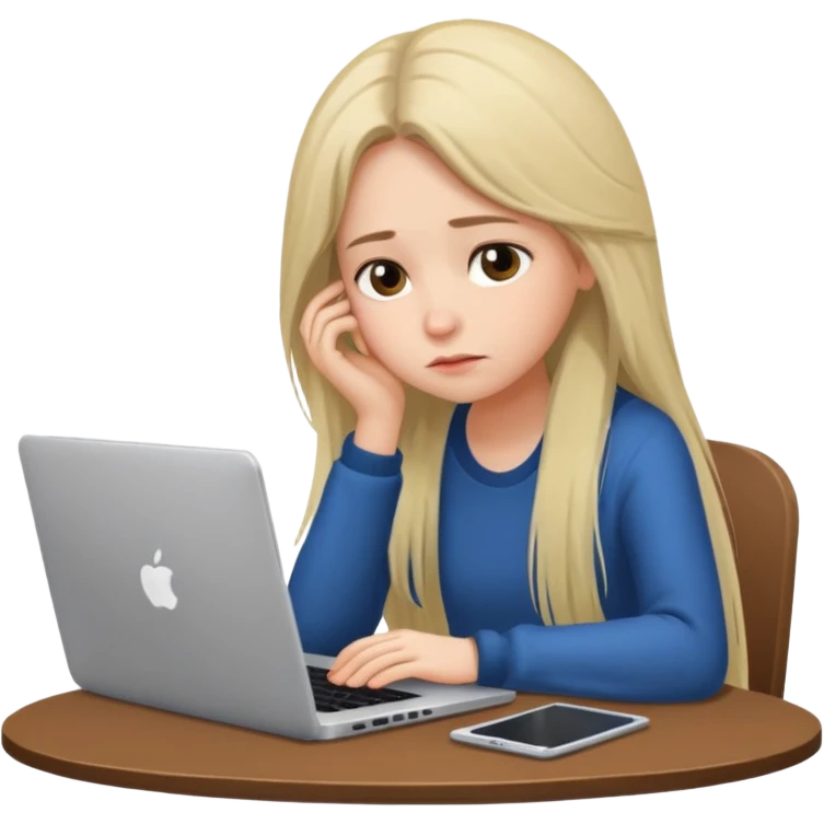 Девушка со светлыми длинными волосами грустная сидит за столом и усердно работает за ноутбуком emoji
