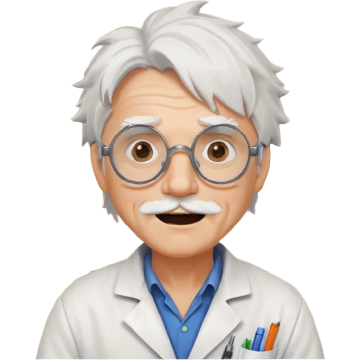 Portrait of an eccentric inventor with messy white hair, round goggles on forehead, wrinkled face with excited expression, wearing a slightly burnt lab coat, background of workshop with blueprints and tools emoji
