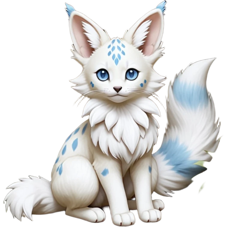 Albino-white, blue-eyed soft natural realistic romantic vintage antique divine beautiful elegant pretty precious cute young youthful  Fakémon-Pokémon-feline-Zeraora-Jolteon-serval-caracal-chinchilla-Minccino-Cinccino-Meowstic-rodent-hybrid-creature with a big fluffy bushy tail (full body) emoji