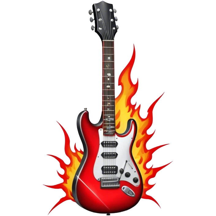 Create a fierce and edgy emoji representing hardcore rock vocal performance in a humanless collage. The design should feature a vintage microphone at the center, Add crossed drumsticks behind the microphone to symbolize the rhythm and power of the drums. surrounded by a menacing, distorted electric guitar with sharp, aggressive angles. Include subtle elements like lightning bolts, flames, or jagged sound waves to evoke the raw energy and intensity of hardcore rock. Use dark, intense colors like black, red, and silver, with a metallic, gritty finish to convey the rebellious, aggressive spirit of the genre. The background should be transparent. emoji