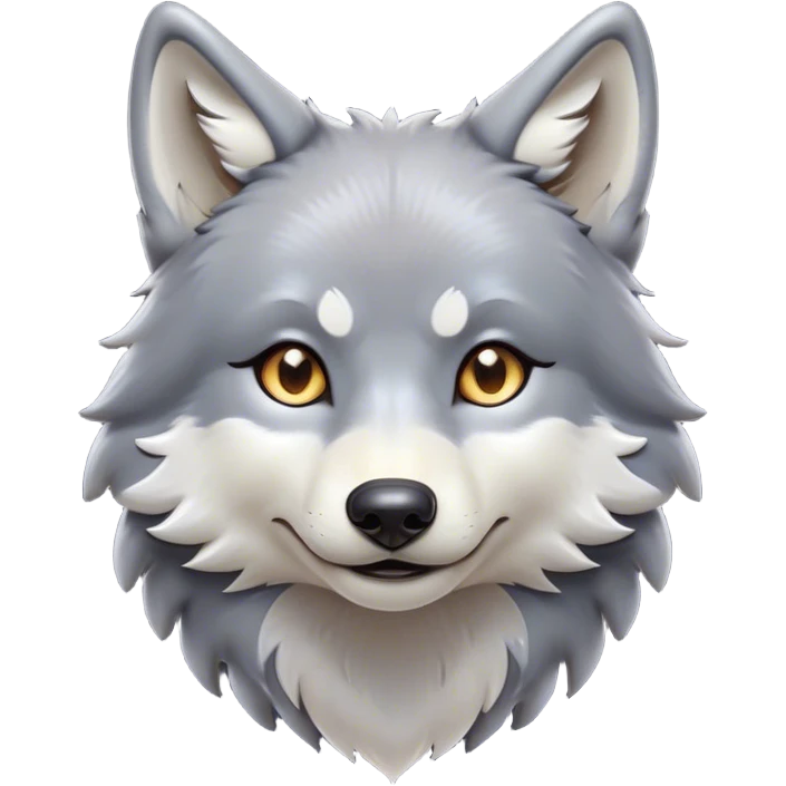 Cinematic Cute Wolf Portrait Emoji, Head tilted playfully and inquisitively, featuring a lustrous grey and white Fur with a wild, natural sheen, round, sparkling eyes filled with curious mischief, Simplified yet irresistibly adorable features, highly detailed, glowing with a warm, friendly glow, high shine, affectionate yet spirited, stylized with a touch of wilderness whimsy, bright and endearing, soft glowing outline, capturing the essence of a mischievous yet loving wolf, so playful it feels like it could bound out of the screen and into your arms! emoji