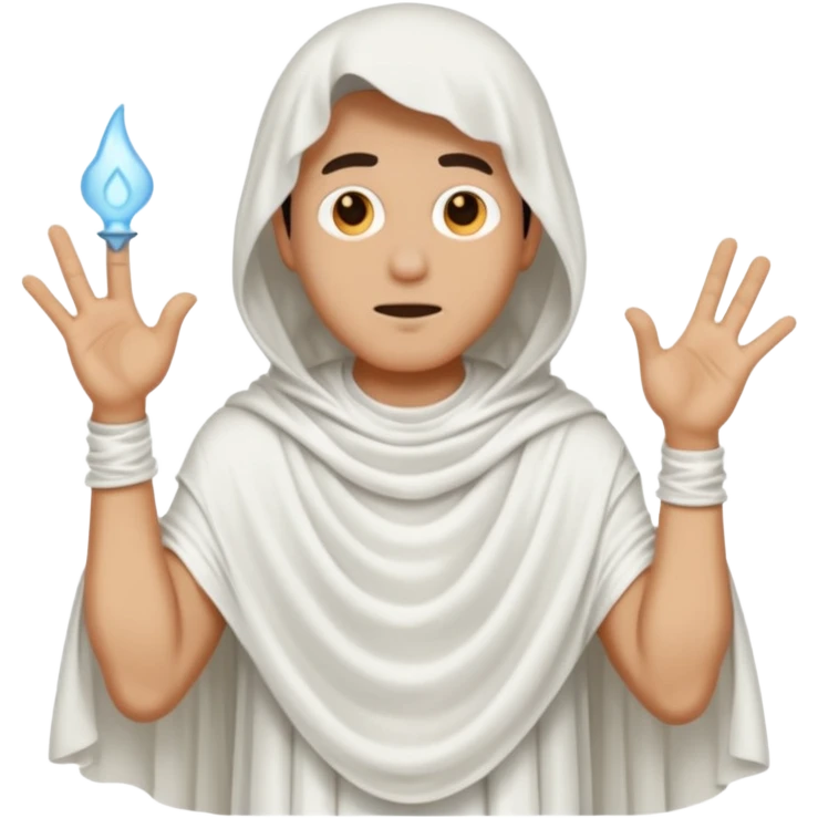 Make a guy in a ghost outfit with a point top emoji