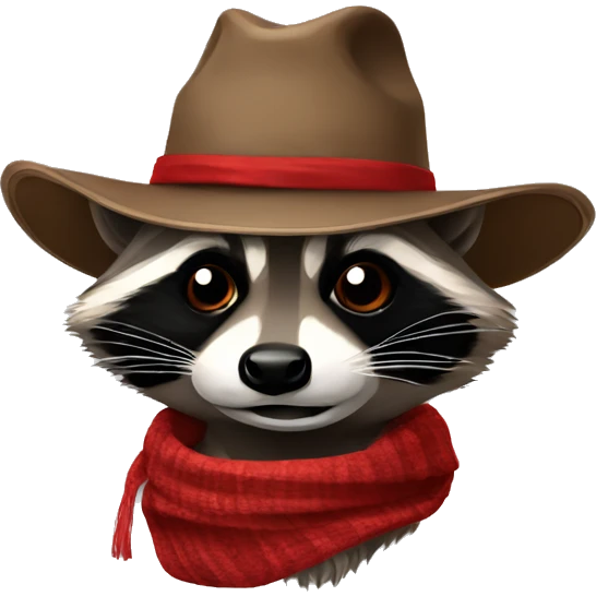 Raccoon with cowboy hat. raccoon with red and black Scarf wrapped around the neck emoji