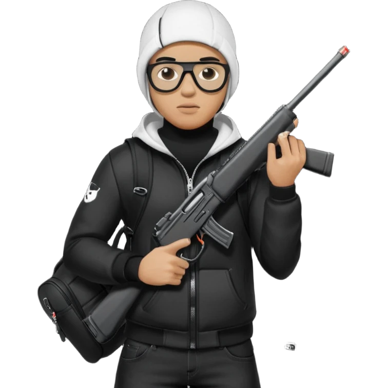 YN wearing a ski mask, holding a gun, all black fit, black jeans, Sprayground bookbag, confident stance with glasses emoji