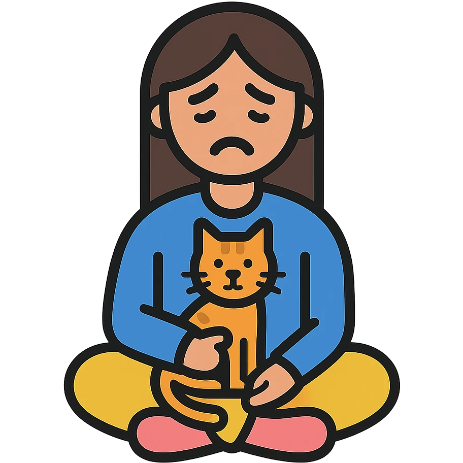 a sad brunette woman with straight hair sitting on the floor, holding a ginger cat in her lap emoji