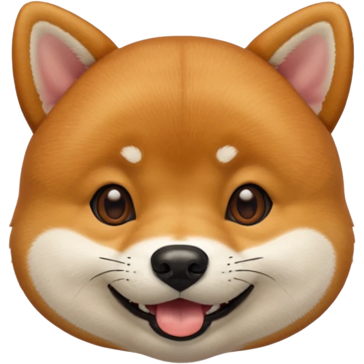 Head of a Shiba Inu dog in Apple emoji style, orange-brown fur with white muzzle and cheeks, round face, big black eyes, perky ears, grinning with closed mouth, no tongue, front-facing, glossy texture, soft shadows
 emoji