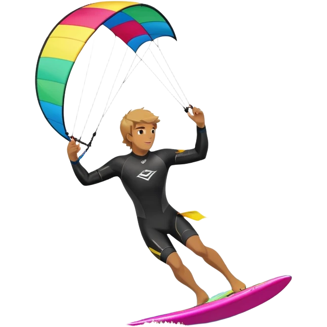 A kite surfer gliding across the water with a colorful kite soaring in the wind. The scene captures the excitement and fluid movement of the sport, with waves splashing around and a clear sky, emphasizing freedom and adventure. emoji
