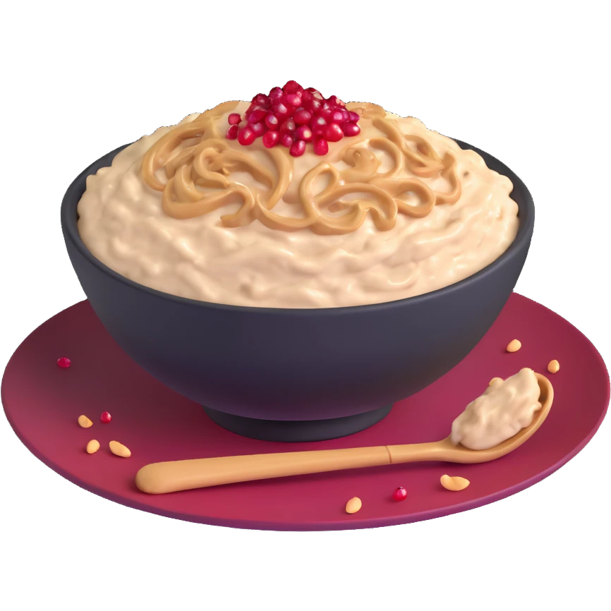 bowl of creamy oatmeal topped with swirls of peanut butter, shredded coconut, and ruby red pomegranate seeds emoji