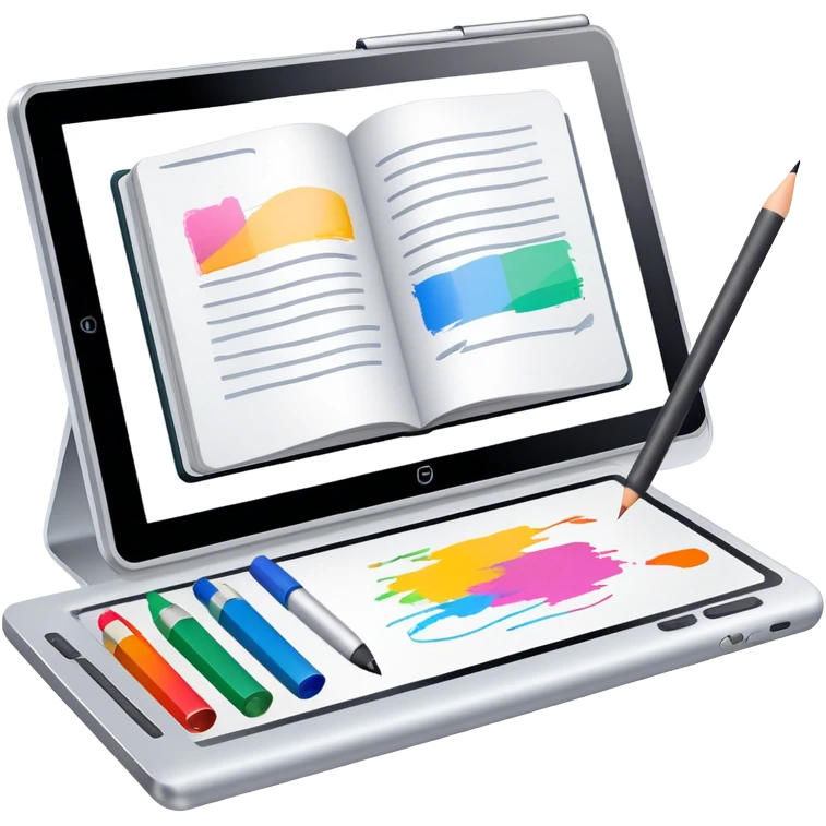 Colourfull Illustration icon, pencil, paintbrush, gel pen, graphic tablet or monitor with digital illustration, open book with sketches, minimalistic style, clean lines, transparent background. emoji