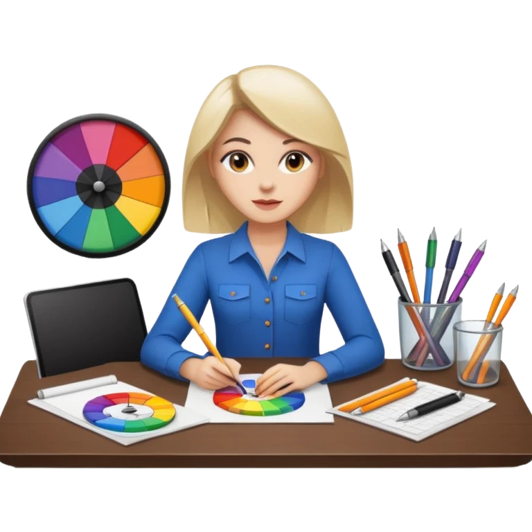 female graphic designer , color wheel, pens, papers emoji