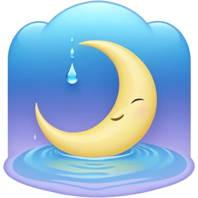 Minimalist pastel emoji of a crescent moon resting inside a glowing blue water droplet with soft ripples and a lavender-mint glow aura, smooth gradients, gentle lighting, ASMR aesthetic. emoji