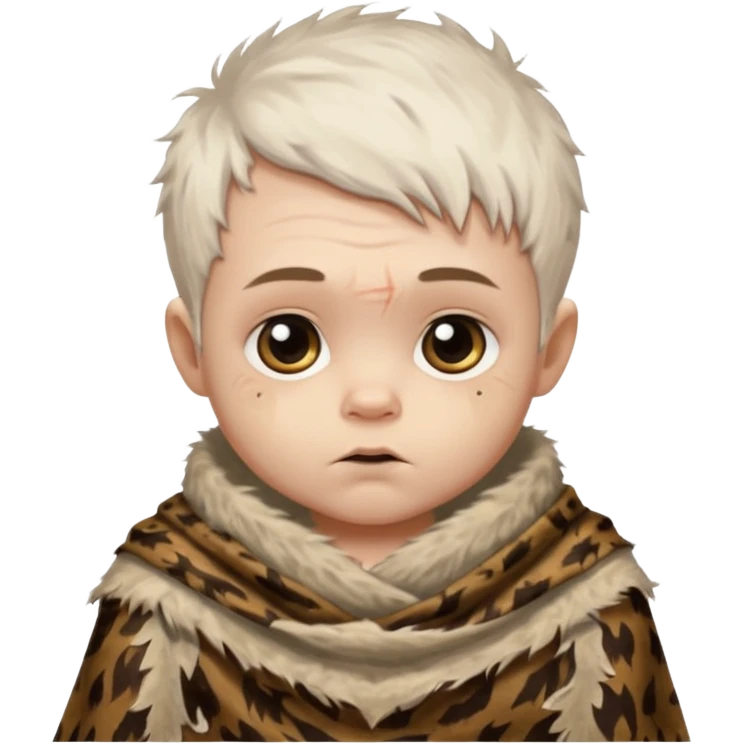 ancient hairy white baby tatooed boy, tattered animal skin shawl emoji