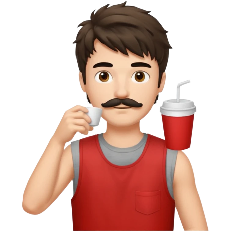 generate an ios genmoji of a fair 20 year guy with black mustache, messy mullet hairstyle, drinking takeaway coffee. wearing a sleeveless red tshirt emoji