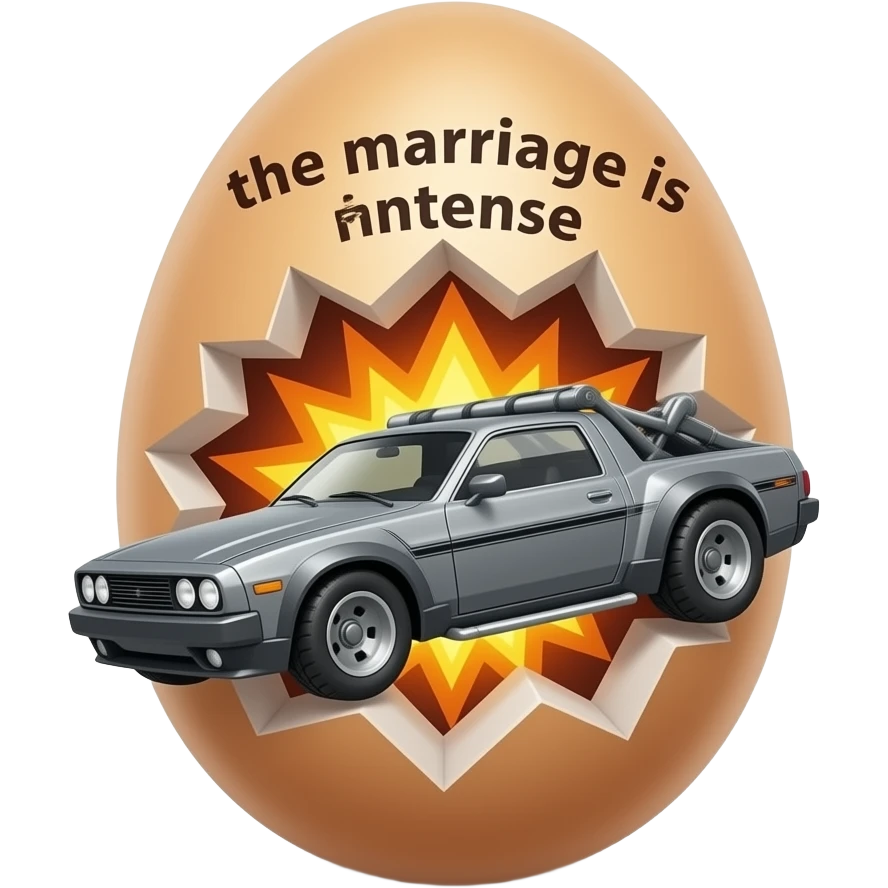 the words "the marriage is intense" with a cybertruck bursting through an egg emoji