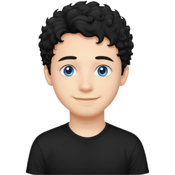 boy, young face like 20 years, blue eyes, medium curly hair black, easy smile, black t-shirt emoji