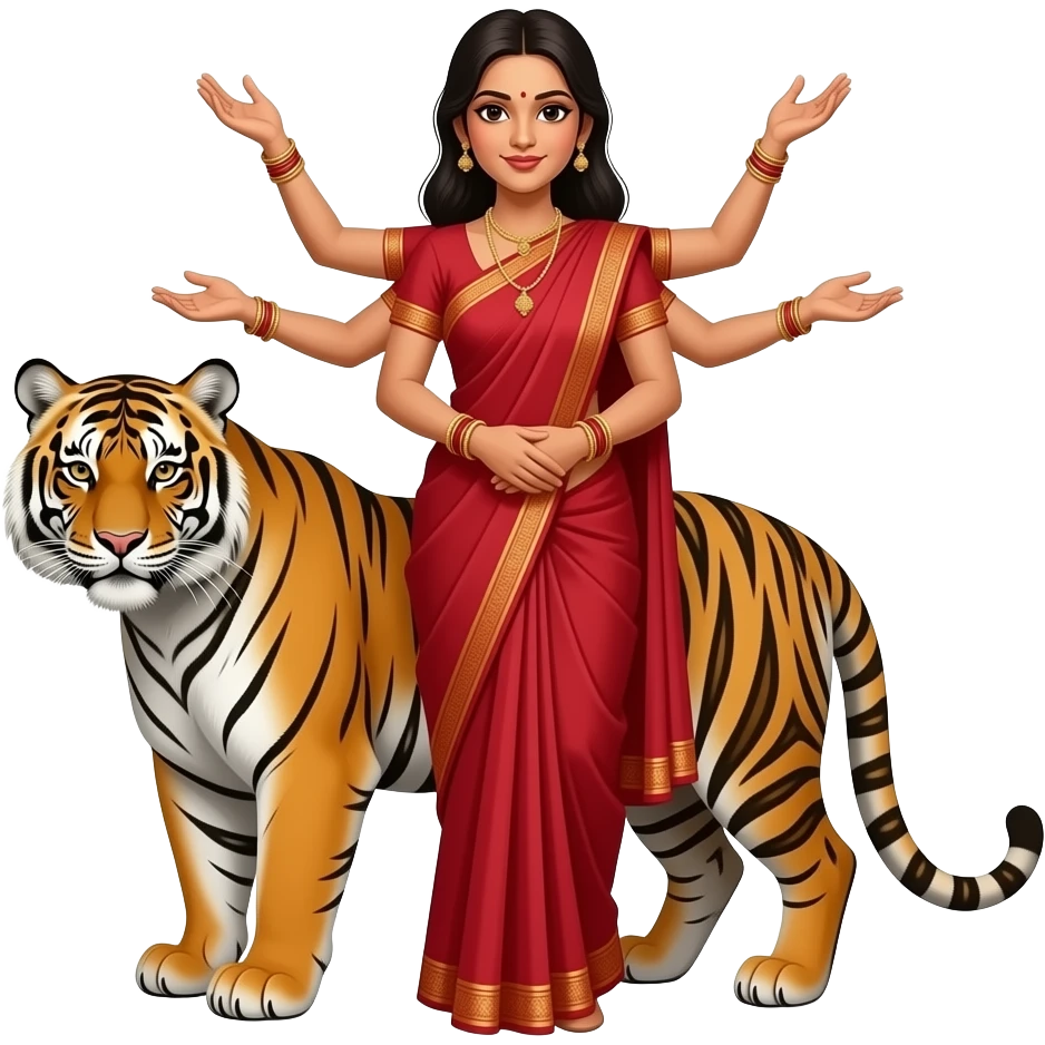 One tiger on the tiger One lady on red saree with four hand she have for hand emoji