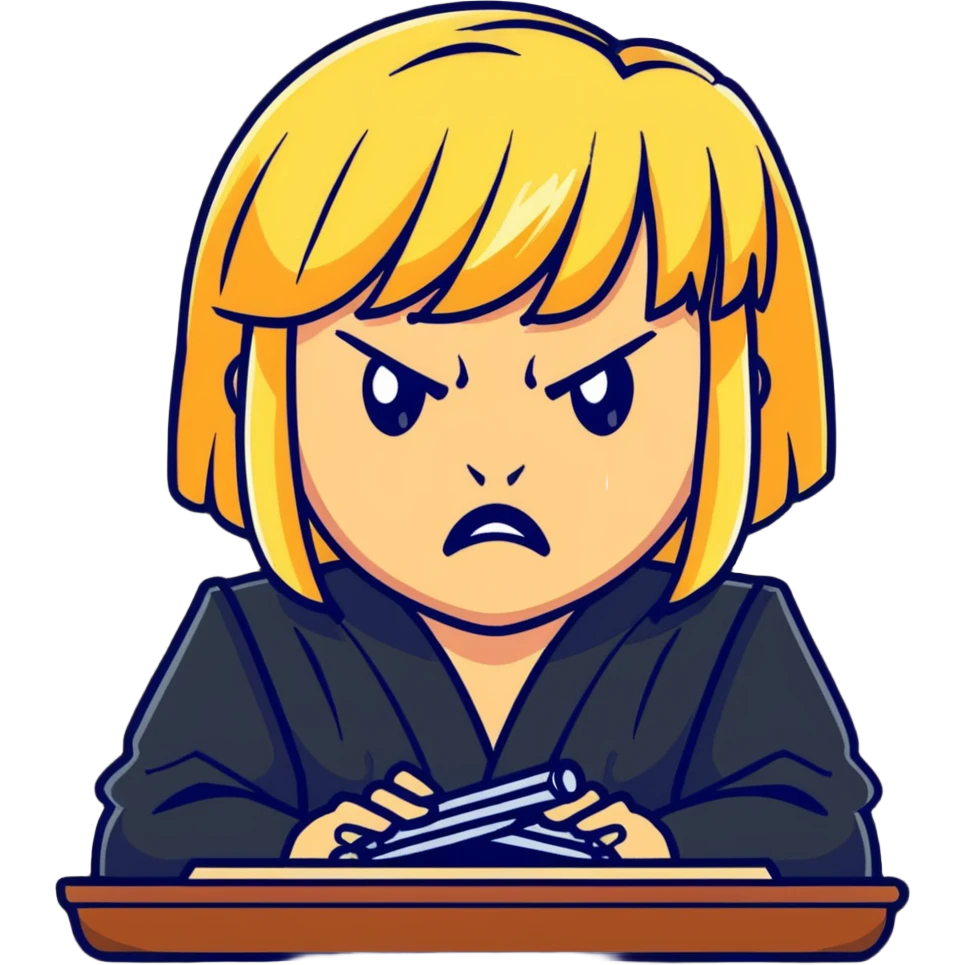 angry judge with blonde shoulder-length hair and bangs emoji