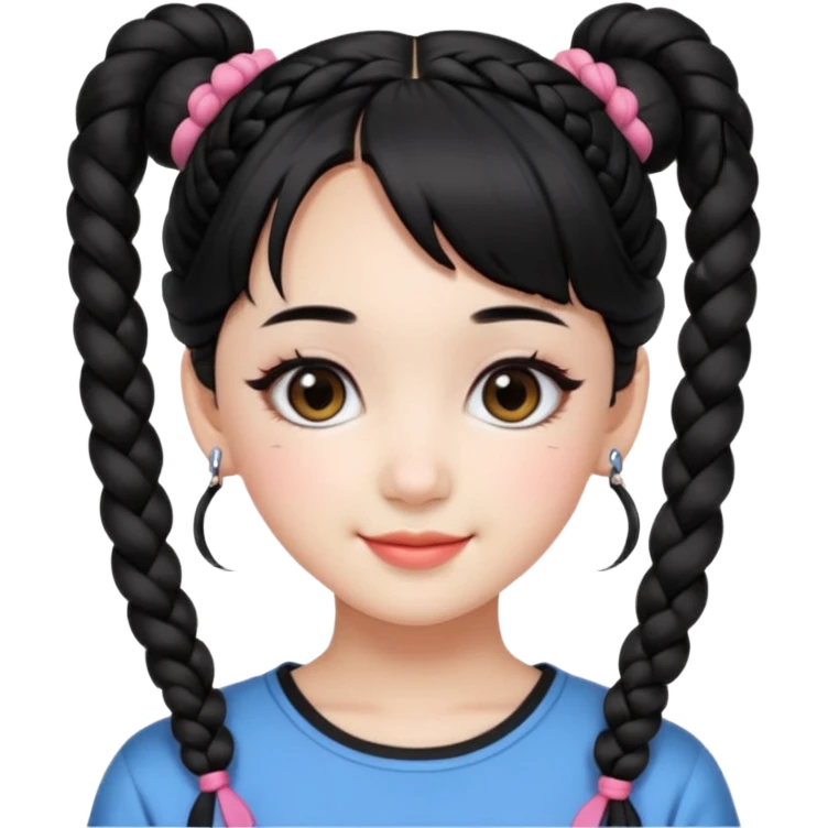 a beautiful girl face, wearing cute korean makeup, black hair, lower braided space buns with cute front bangs, kpop idol emoji