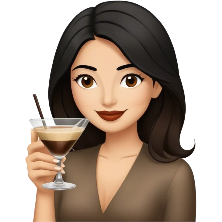 Happy looking black haired female Hispanic looking  drinking espresso martini long hair brown balayage  emoji