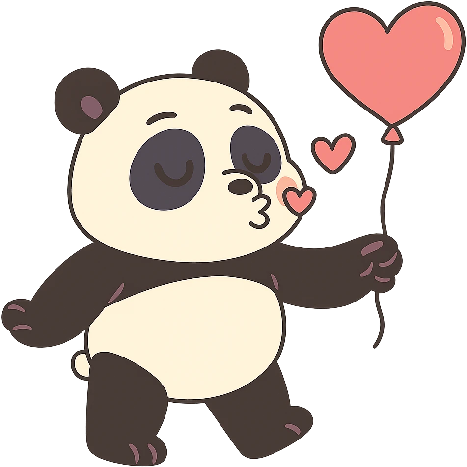panda with heart-shaped balloon blowing kisses, pastel-toon style emoji