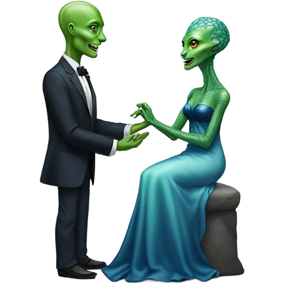 alien reptilian green skin woman, in long slim pastel blue formal party satin dress with gradient shiny sparkling navy blue diamonds embroidered , and caucasian man in black dres on his knees asks her to marry her emoji