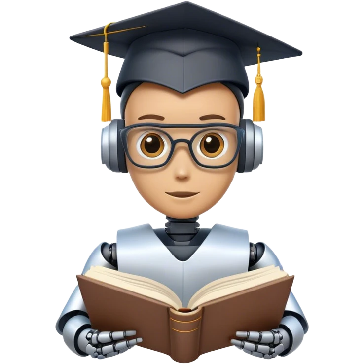 Ai  robot reading a big book with graduation head emoji