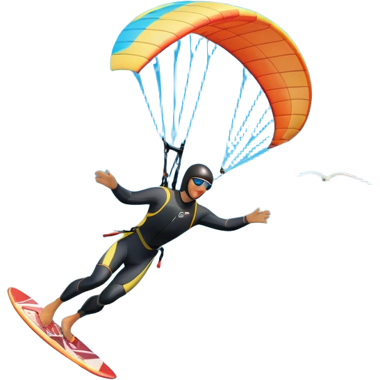 An athlete in a wetsuit, gliding above the waves on a kiteboard, holding onto a paraglider in the sky. The backdrop features a vibrant blue sky and rolling ocean waves, capturing the thrill and skill of the sport with a sense of freedom and adventure. emoji