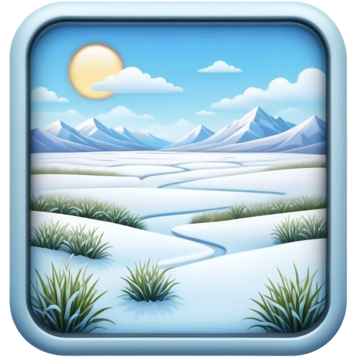 Cinematic Realistic Tundra Emoji in a wooden frame, Vast and cold, with wide expanses of snow-covered ground, sparse grasses poking through, and the occasional hardy shrub breaking up the pale white landscape. The sky above is a pale, frosty blue, and the light reflects off the snow, creating a serene yet starkly beautiful environment. Soft glowing outline, capturing the essence of a quiet, still, frozen wilderness where life endures despite the harsh conditions. emoji