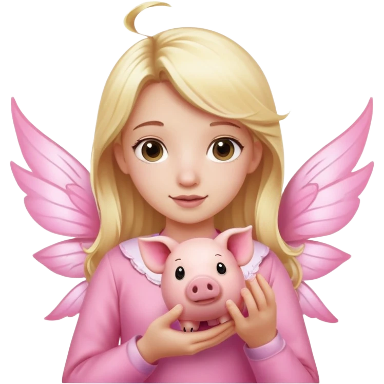 a blonde girl wearing pink clothes holding a pink pig with fairy wings emoji