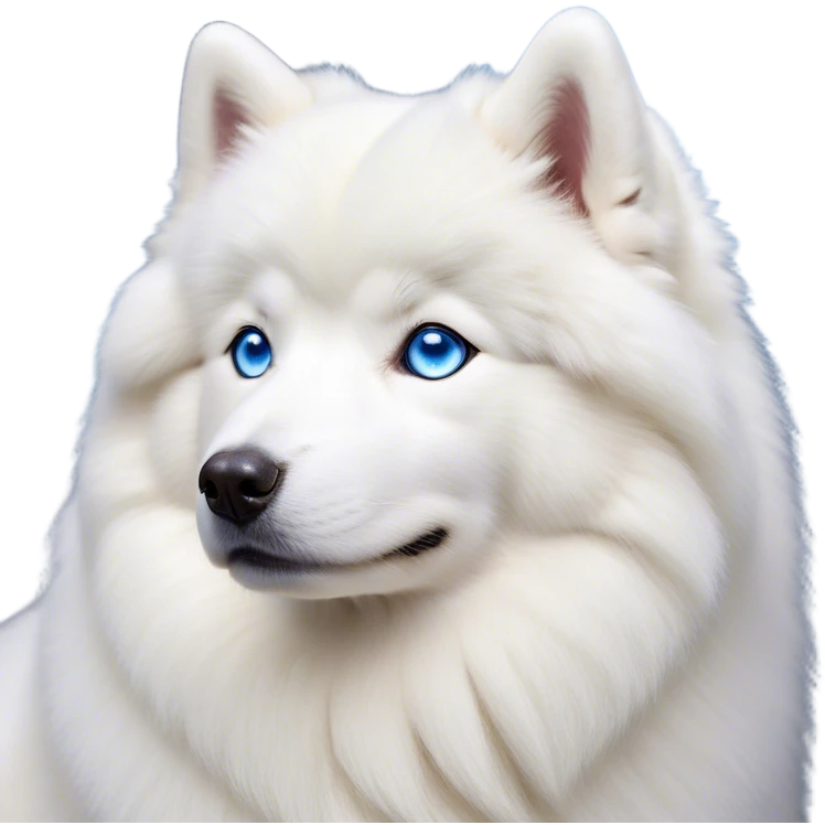 Cinematic Noble Samoyed Portrait Emoji, Poised and regal, with a majestic, sturdy build and a luxuriously fluffy pure white Fur, deep-set soulful blue eyes, Simplified yet sharp and sophisticated features, highly detailed, glowing with a soft, dignified glow, high shine, intelligent and gentle, stylized with an air of elegance, focused and attentive, soft glowing outline, capturing the essence of a watchful and confident companion, so majestic it feels as though it could bound out of the screen with effortless authority! emoji