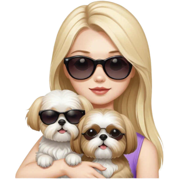 Blonde girl with long hair and pale skin and sunglasses holding Shih Tzu without glasses  emoji