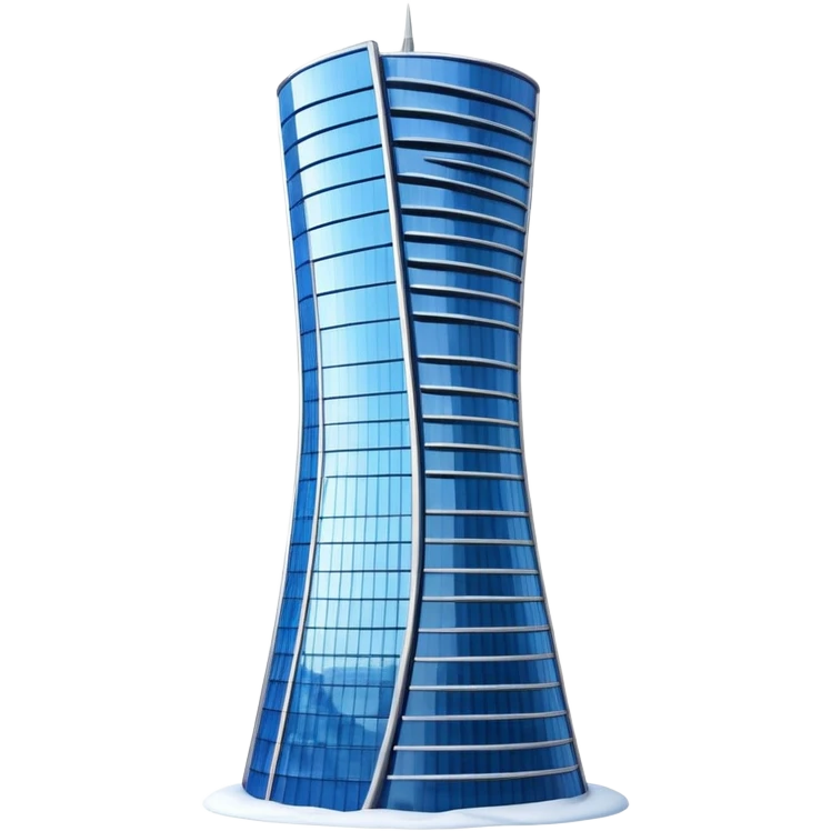 Apple style 3D emoji of the Evolution Tower from Moscow City.
Twisted skyscraper made of blue reflective glass, realistic reflections, light snow on the edges. Glossy 3D icon, smooth shading, high quality, isolated on a white background. emoji