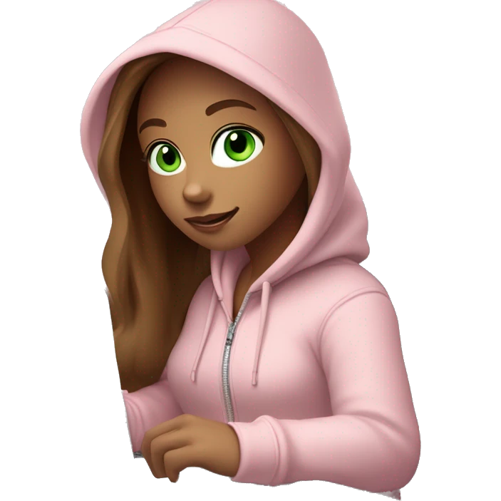 a girl with brown long hair, light beige skin, green eyes, is working relaxed at a modern laptop in a monochrome pale pink zip hoodie with a hood and a pink monochrome T-shirt emoji