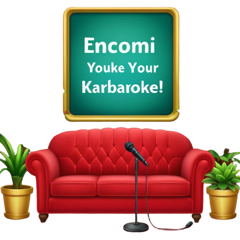 red velvet couch, stand microphone, houseplants, karaoke sign emoji