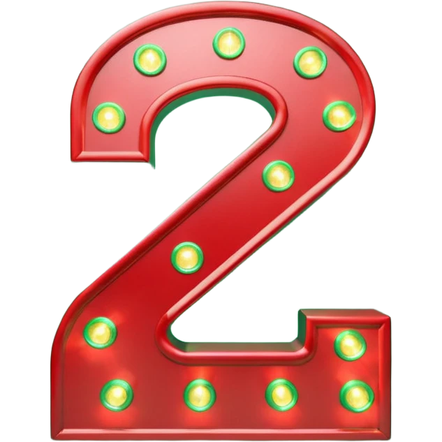 A 3D number 2 in a movie theater setting, shiny red surface; bright string lights on the number, the border is green with tiny string lights like stroke ; cinematic glow with subtle haze; glossy, premium Hollywood countdown look; centered composition. emoji