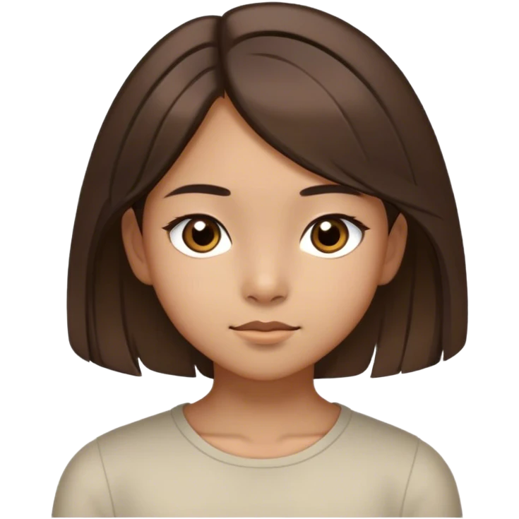 A thin 10-year-old girl with Asian heritage, shoulder-length brown hair with two distinctly light strands framing her face, large slightly slanted dark brown eyes, olive skin, and light brown, not narrow eyebrows emoji