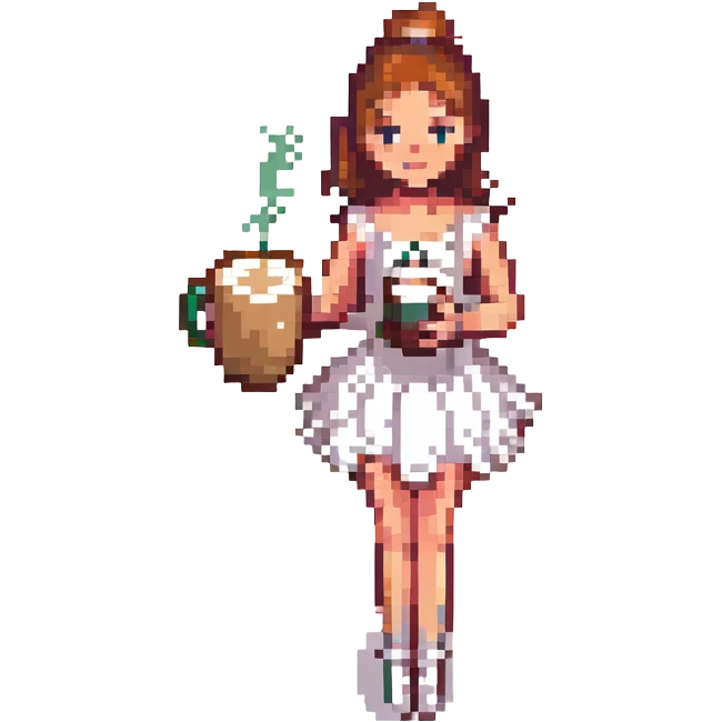 person standing in a ballet pose holding a latte, pixel art style emoji