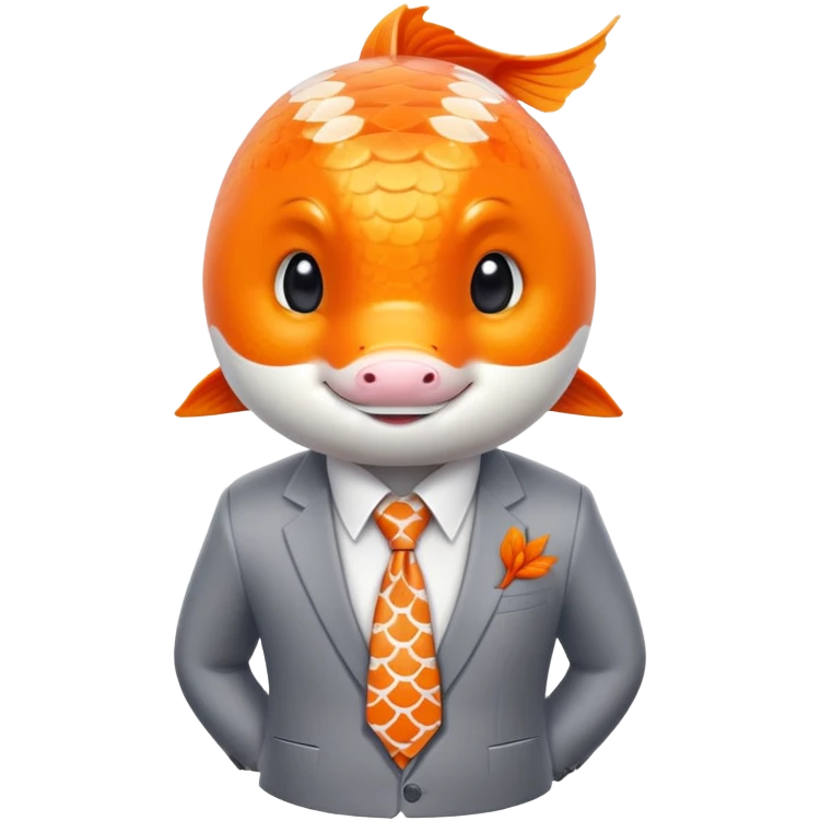 A charming and professional koi fish character, sleek rounded body with orange and white patterns, expressive eyes, friendly smile, wearing a neat business suit, white shirt, and tiny tie emoji