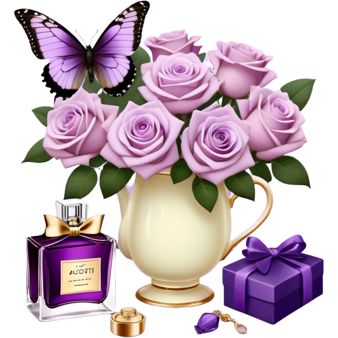 A delicate bouquet of soft lilac Ascott tea roses rests beside a pastel violet aesthetic, accompanied by a stunning butterfly with dark orchid-colored wings, while a luxurious royal purple silk ribbon cascades elegantly next to a beautifully crafted vintage-style perfume flacon in a rich heather hue. emoji